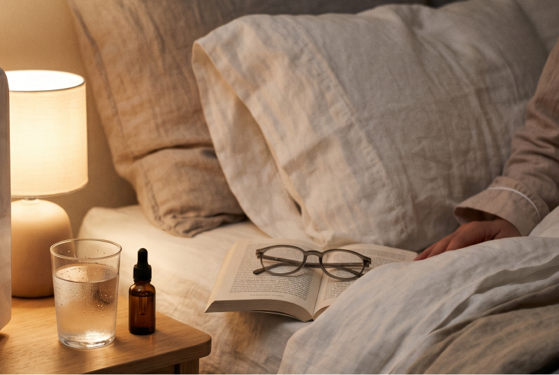 Close-up of glasses and water near bed.