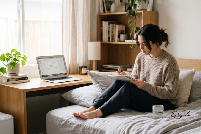 Creative woman journaling with bedside cooling.
