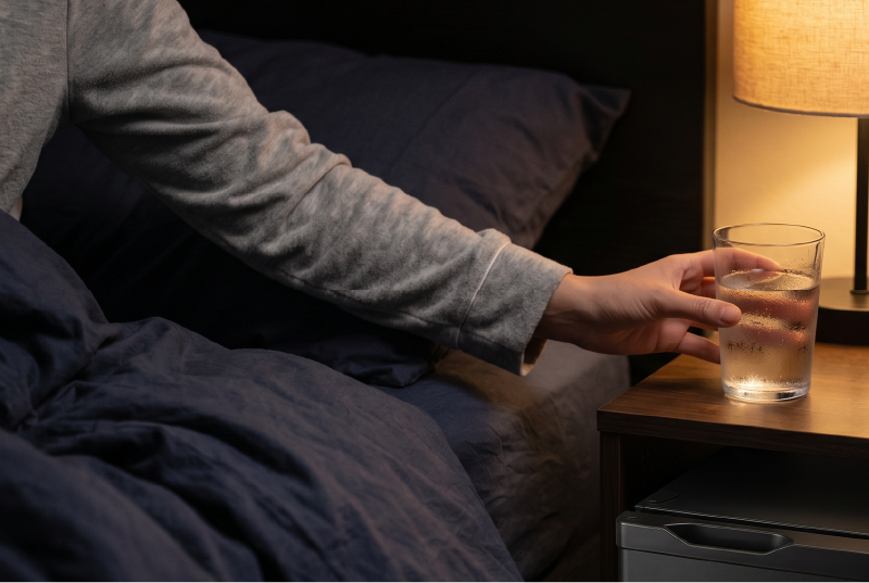 Arm’s reach accessibility for nighttime hydration.