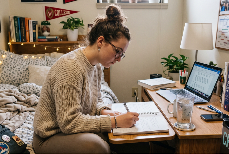 Student utilizing personal cooling in dorm.