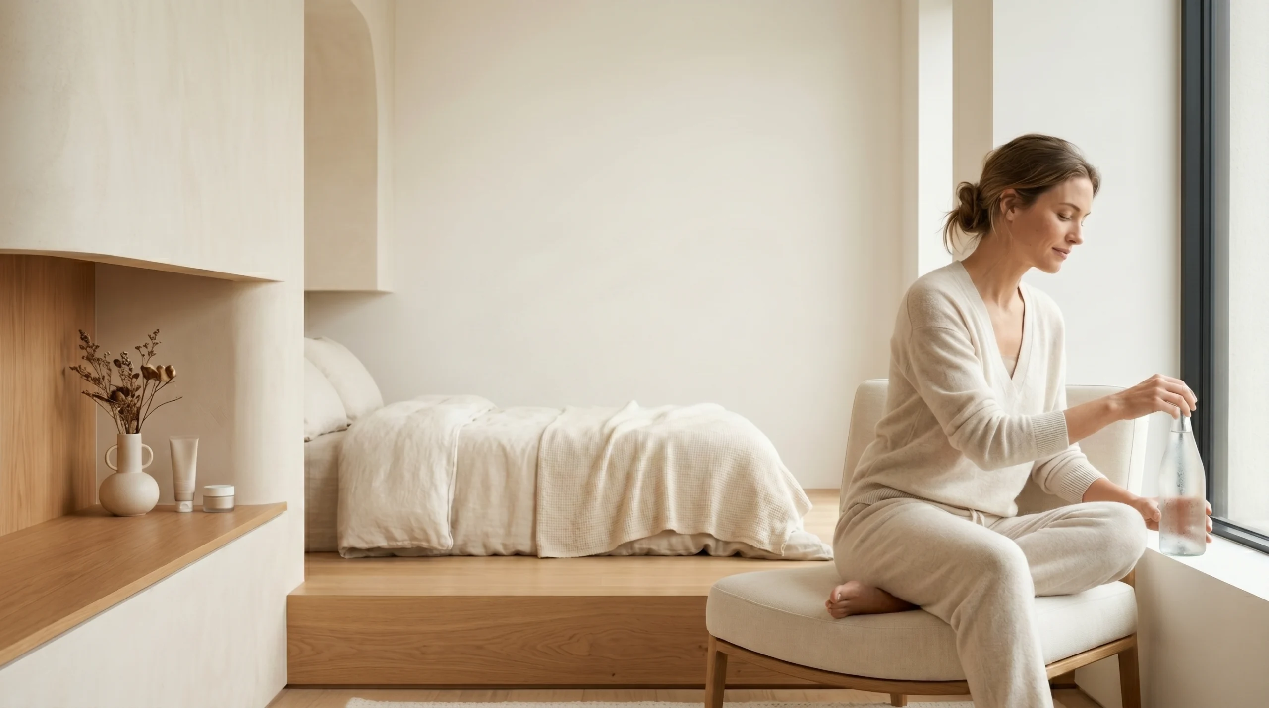 Minimalist bedroom with lifestyle cooling vibe.