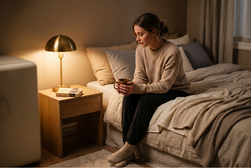 Warm bedside lamp with personal fridge.