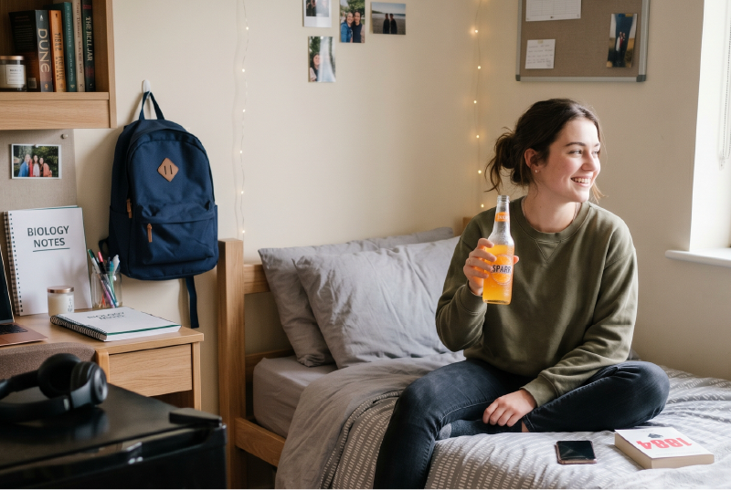 Student with cold drink in a dorm room.