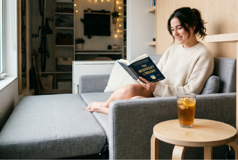 Woman reading near studio cooling unit.