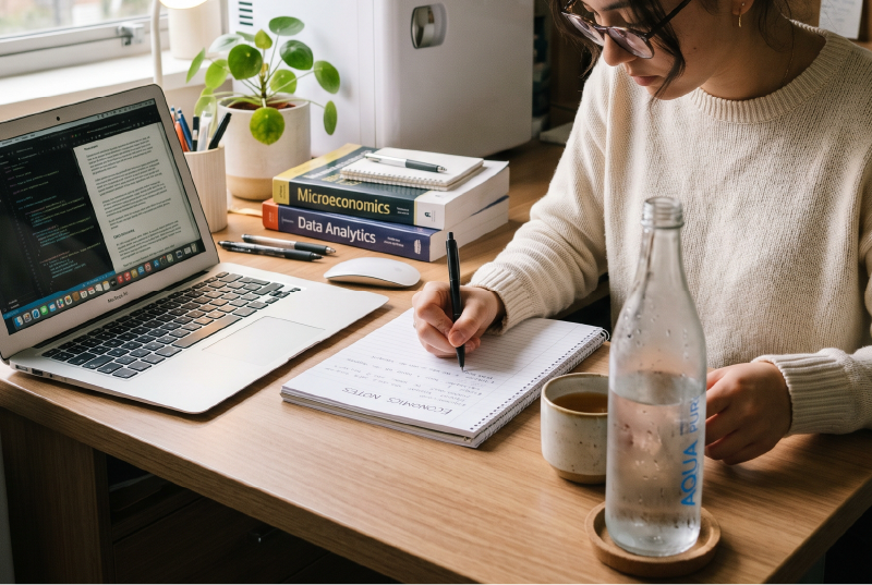 Student writing in notebook with chilled water at desk.