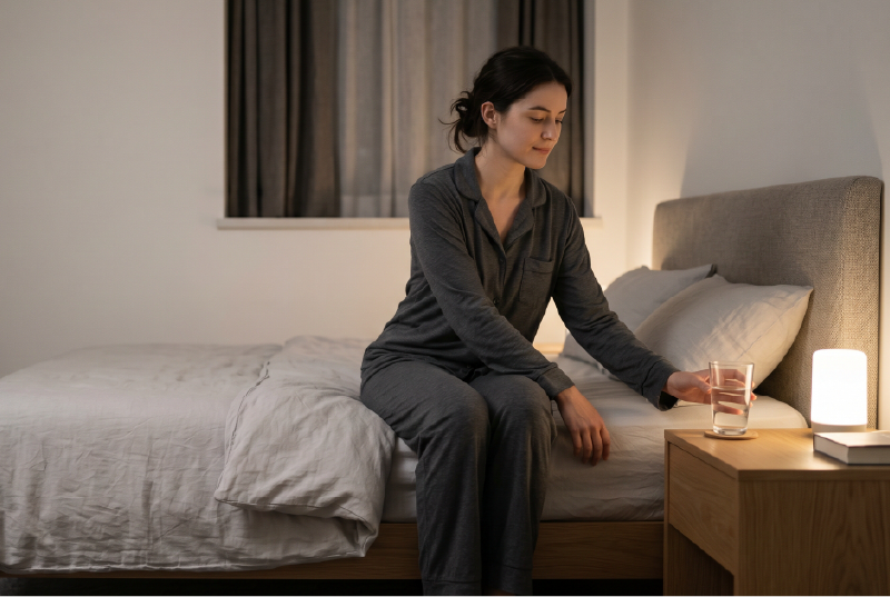 Woman reaching for chilled water at bedside sanctuary.