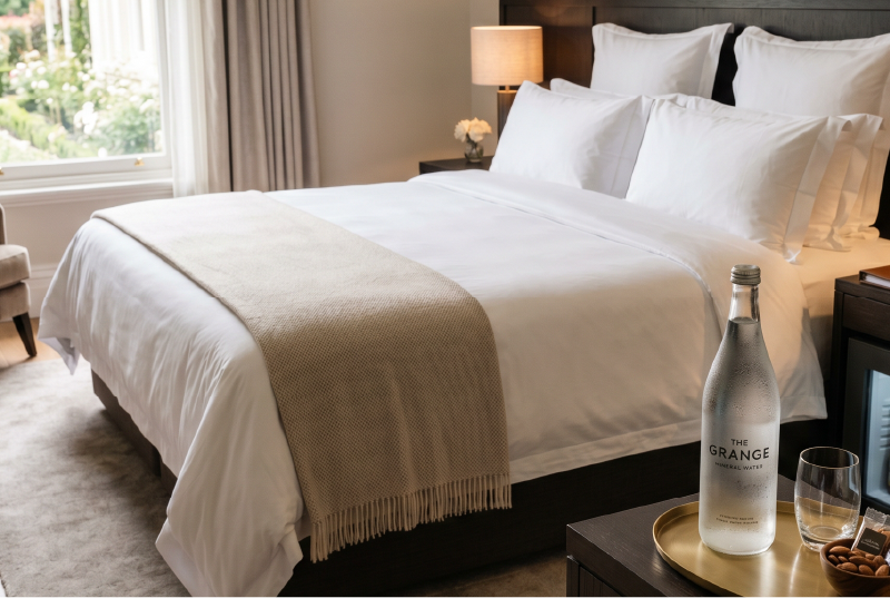 Luxury guest room with chilled water on tray.