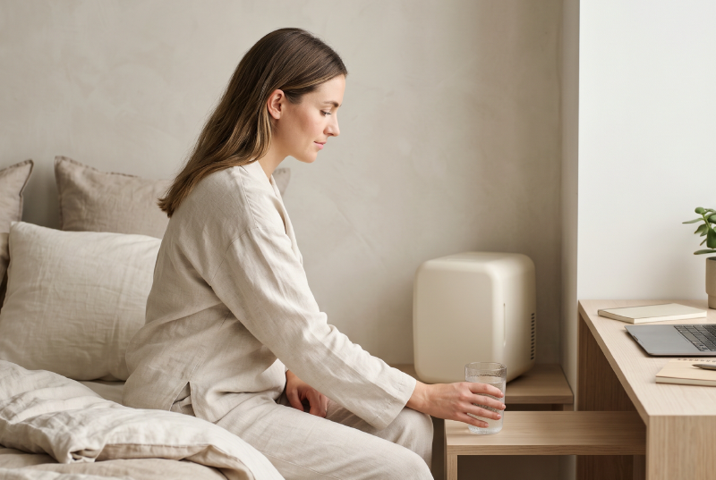 Woman reaching for chilled bedside hydration.