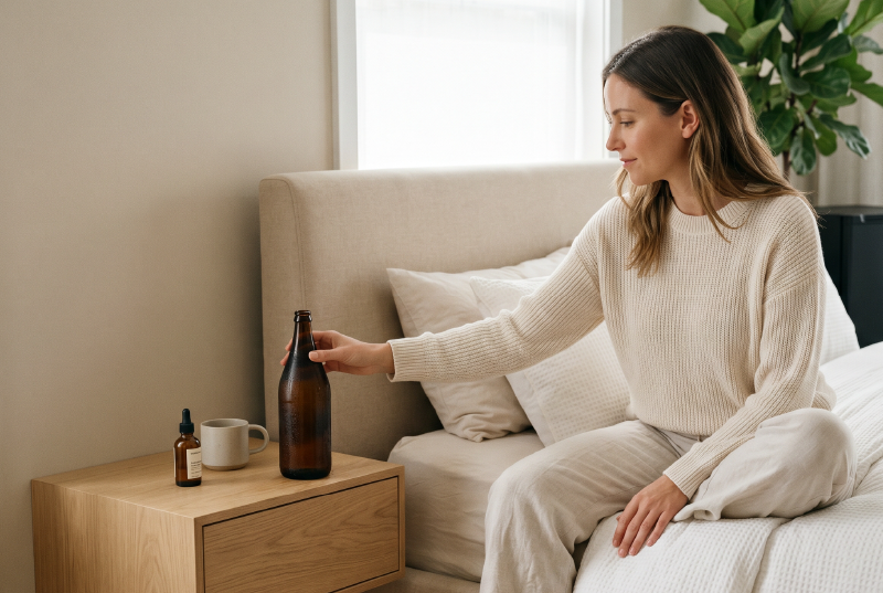 Woman reaching for amber bottle on nightstand.