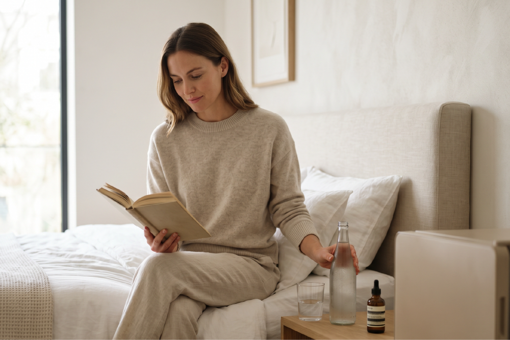 Woman journaling on bed near wooden desk.