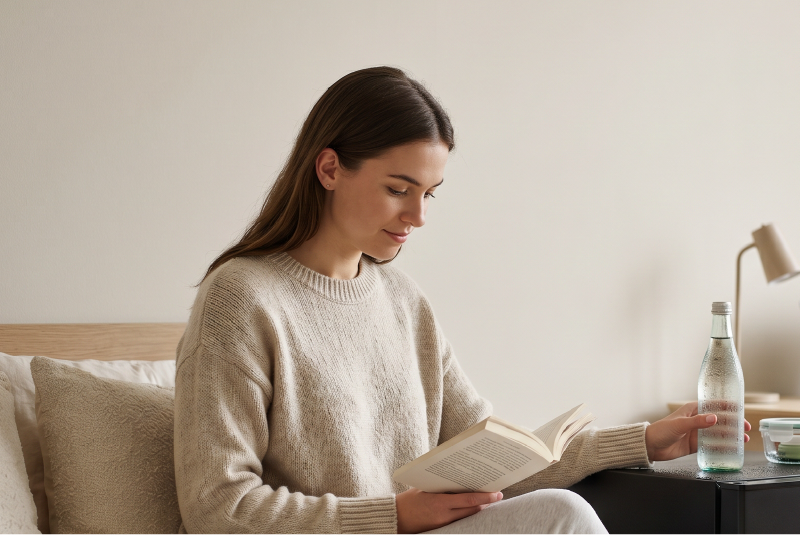 Modern woman enjoying chilled water while reading.