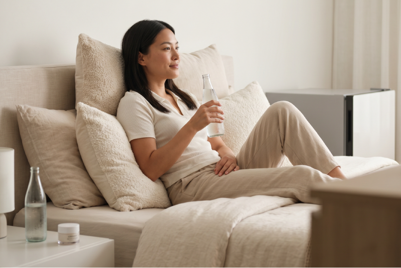 Woman leaning on pillows holding a chilled water bottle.